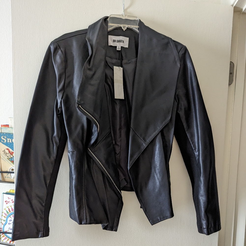 NEW BB Dakota Faux Leather Moto Jacket, Black, Size Large